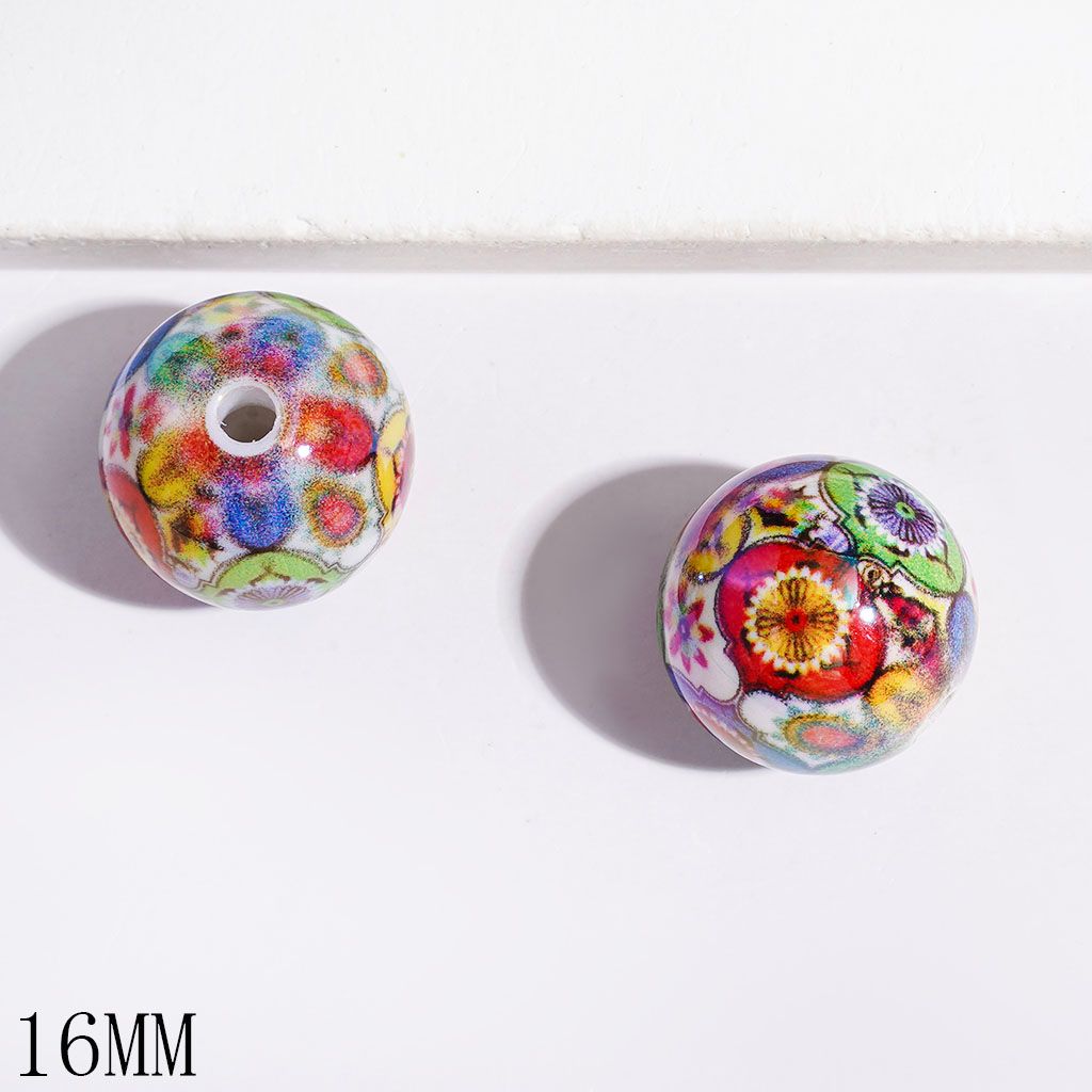 UV-Coated Acrylic Bead for Bracelets with Colorful Pattern, Ethnic Style, 16MM