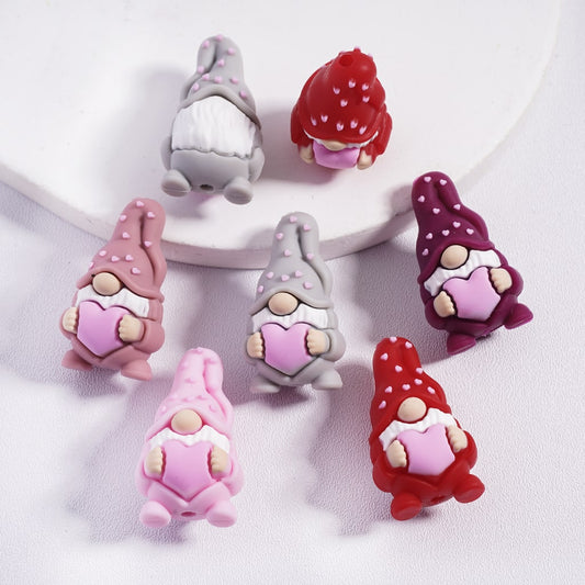 Silicone Focal Beads 3D Gnome Elf Holding Pink Heart, Multi-Color
