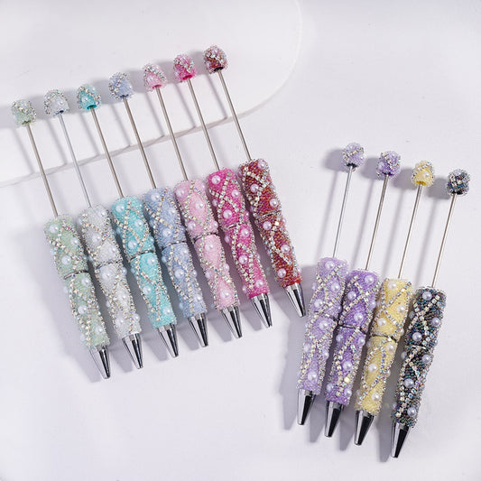 Beadable Pens with Small Bubble Beads and AB Rhinestone Chains in "X" Stripes, Half-Shell White Pearls, Multi-Color