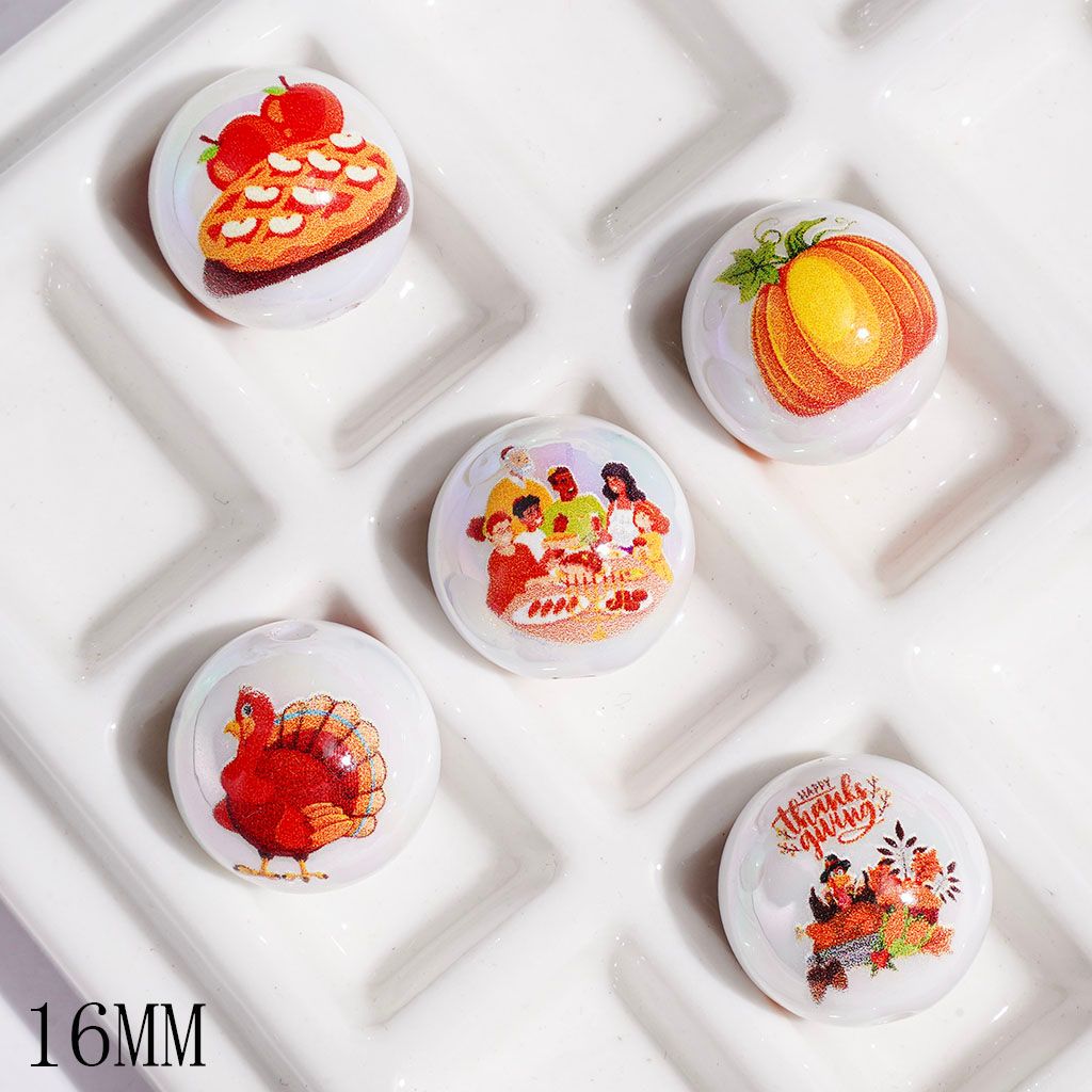 UV-Coated Acrylic Beads for Bracelets Poultry Turkey Pumpkin Pizza Series, Thanksgiving Day, 16MM, Random Mix