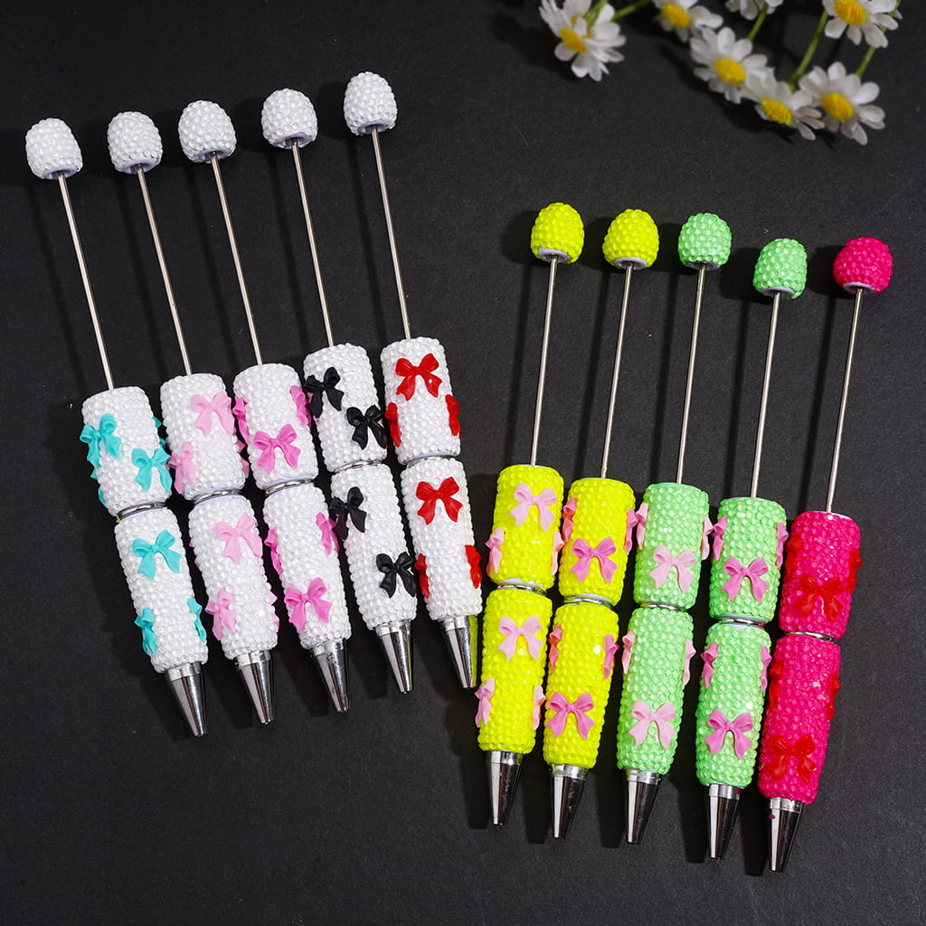 Beadable Clay Pens with Cute Bowtie Design, Rhinestones Covering the Entire Pen, Multi-Color