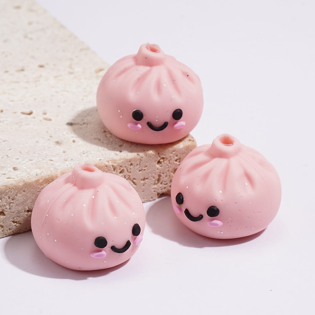 3D Smiling Dumpling w Silver Glitter Silicone Focal Beads, Multi-Color