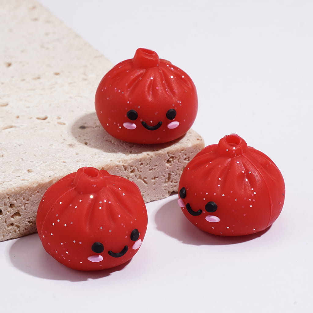 3D Smiling Dumpling w Silver Glitter Silicone Focal Beads, Multi-Color
