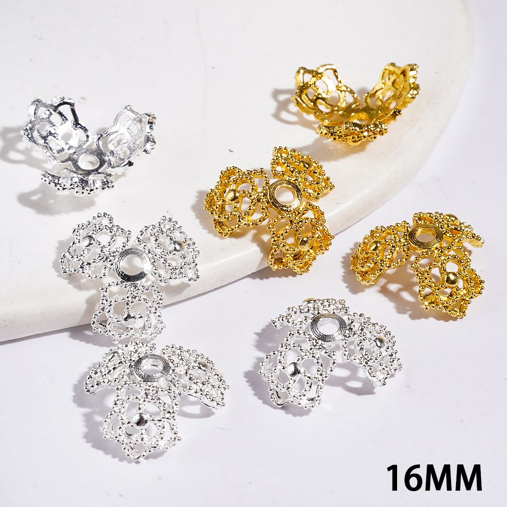 Alloy Bead Cage with Flower, Silver and Gold Bead Cap, 16MM (They Fit 16MM Beads)