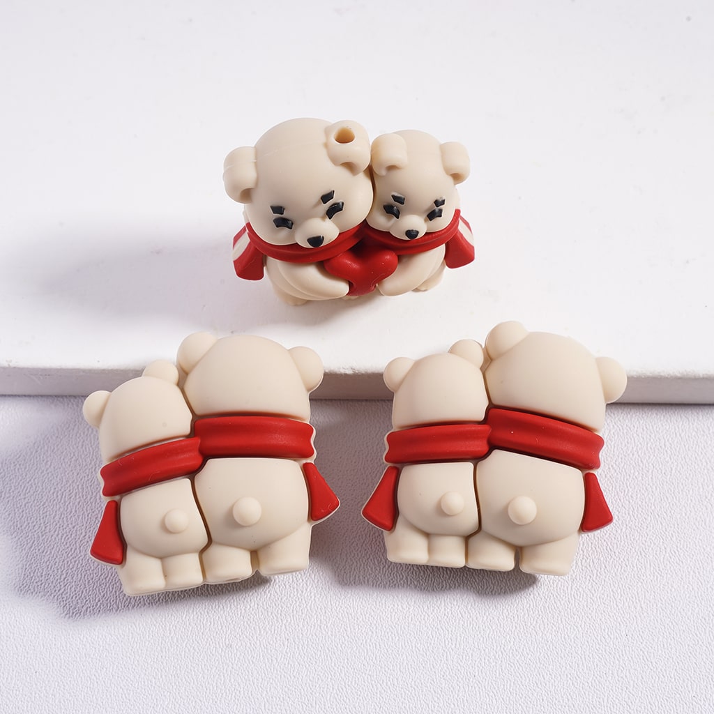 Silicone Focal Beads 3D Two Bears with Red Scarf Holding Red Heart, Multi-Color