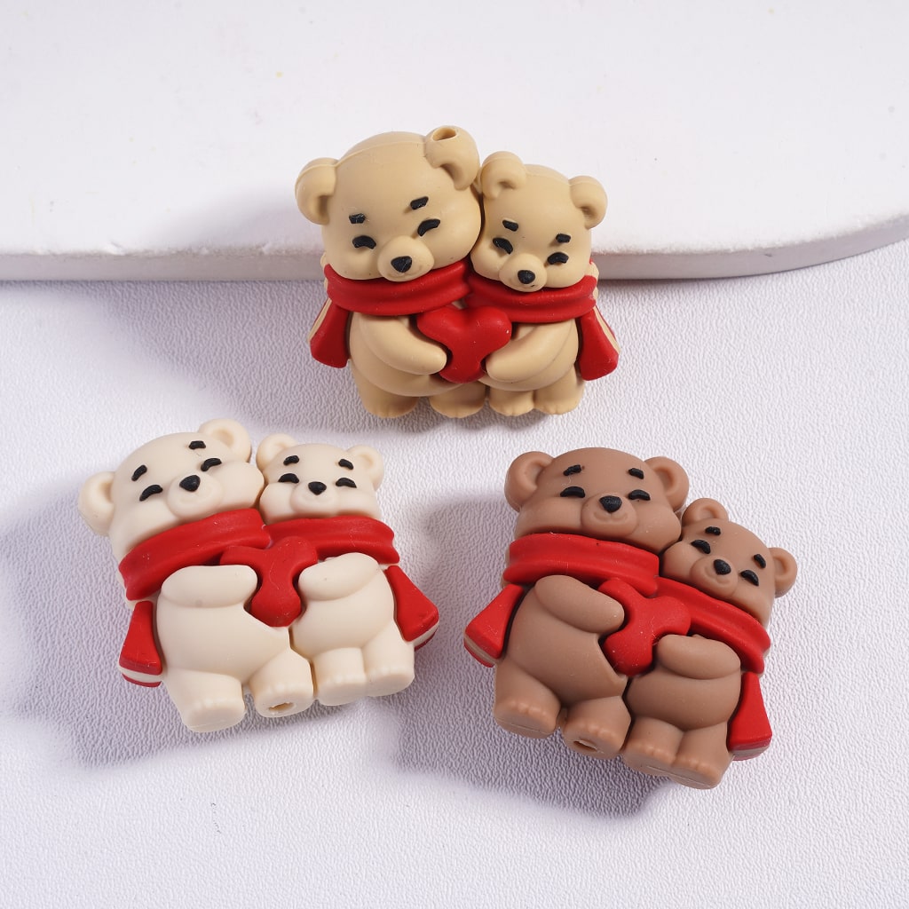 Silicone Focal Beads 3D Two Bears with Red Scarf Holding Red Heart, Multi-Color