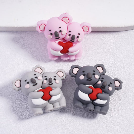 Silicone Focal Beads 3D Double Koala Holding Red Heart, Multi-Color