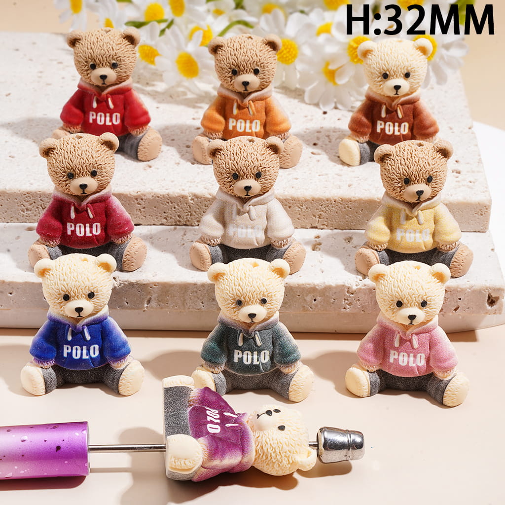 Sweatshirt Bear Acrylic Beads for Pen Topper or Jewelry, Height 32MM, Multi-Color