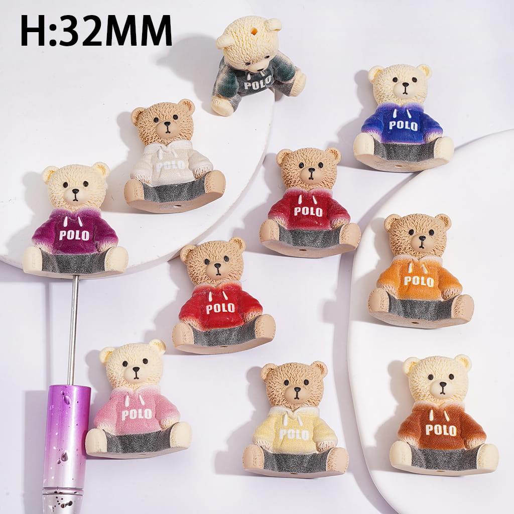 Sweatshirt Bear Acrylic Beads for Pen Topper or Jewelry, Height 32MM, Multi-Color