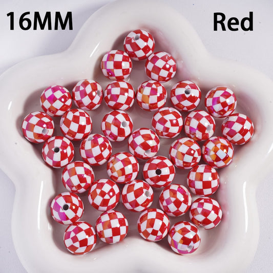 Red and white checkered beads on a white dish with '16MM' and 'Red' text.
