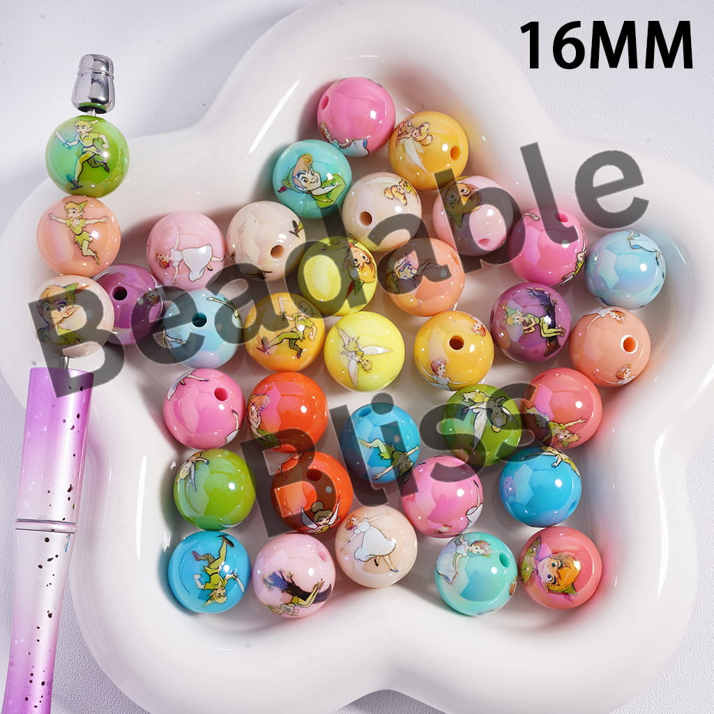 Acrylic Beads for Bracelets UV Coating with Flying Boy Character Series, 16MM, Multi-Color, Random Mix