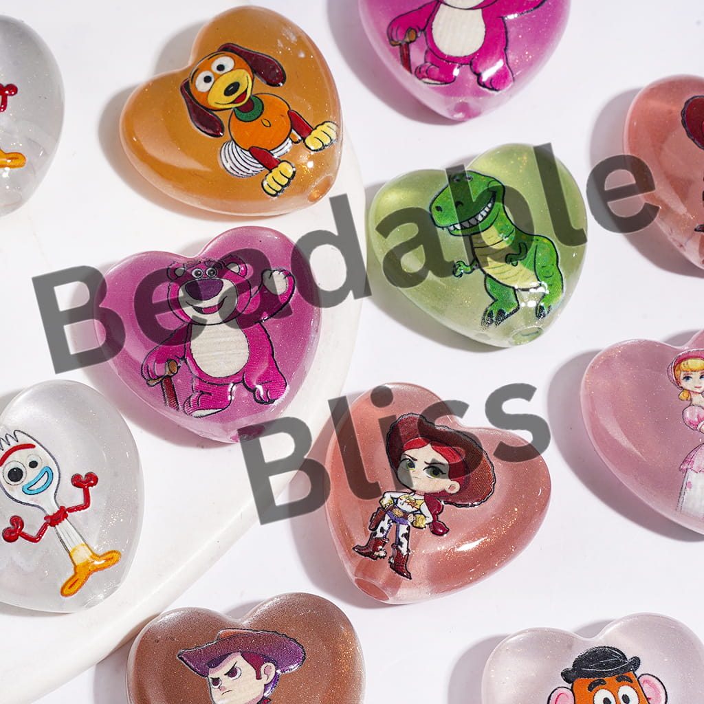 Heart with Glitter and Toy Adventure Character Series Acrylic Beads, 23*24MM, Random Mix