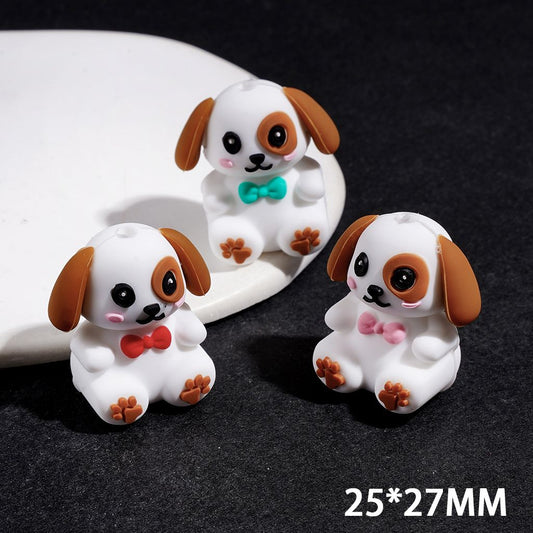 Silicone Focal Beads 3D Cute Dog in Sitting Position with Diverse Colors Bowtie, 25*27MM