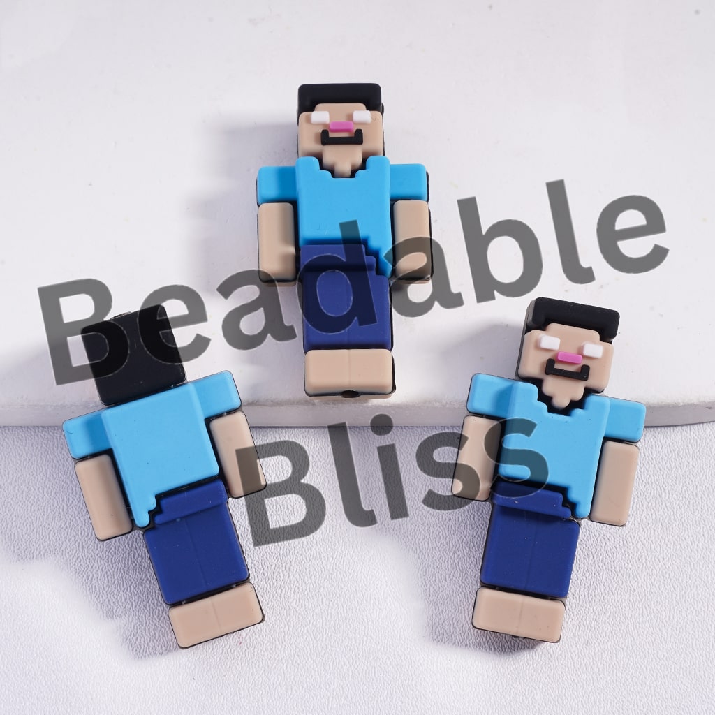 Silicone Focal Beads 3D Sandbox Game Boy Character with Goatee and Blue Clothes