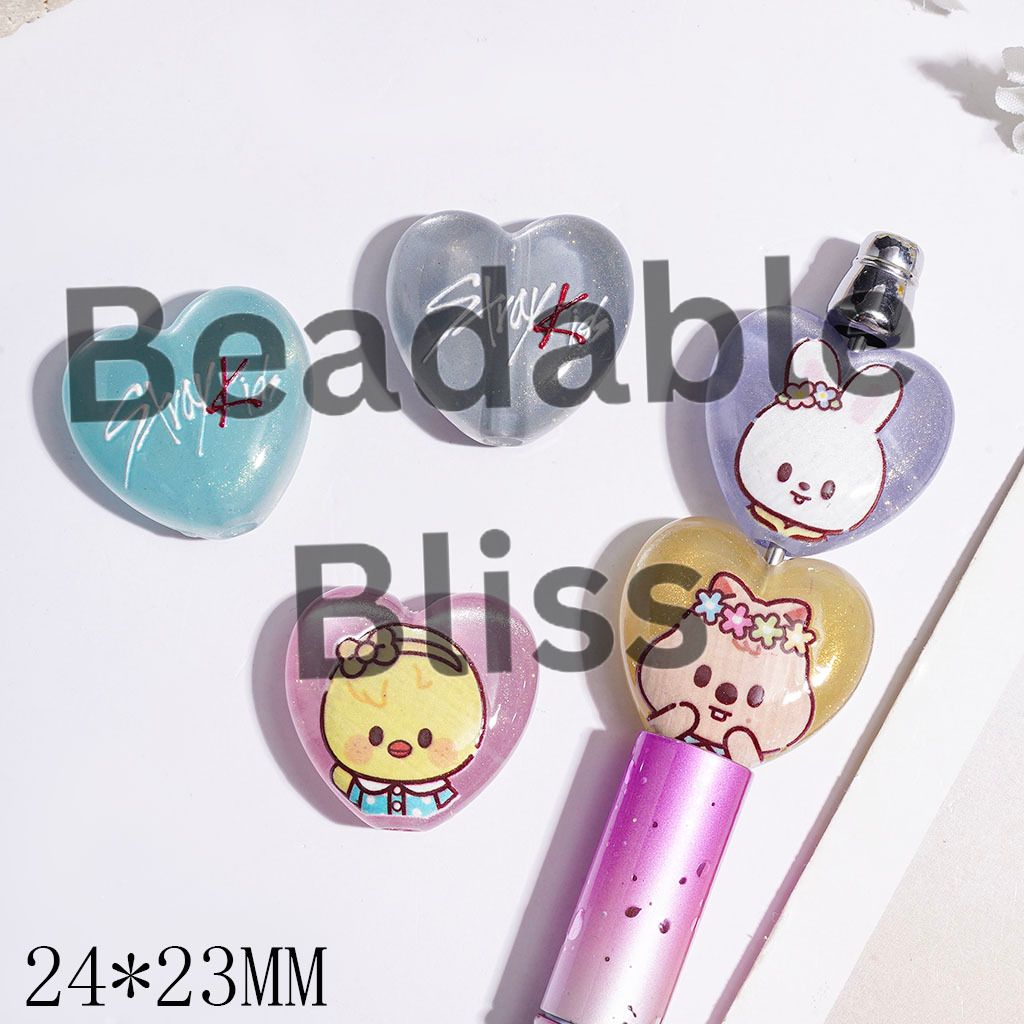 Acrylic Beads Heart with Cartoon Image Style Korea Boy Group and Glitter in Various Colors, 24*23MM Random Mix