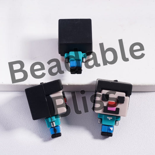 Silicone Focal Beads 3D Sandbox Game Boy Character with Big Head and Black Hair