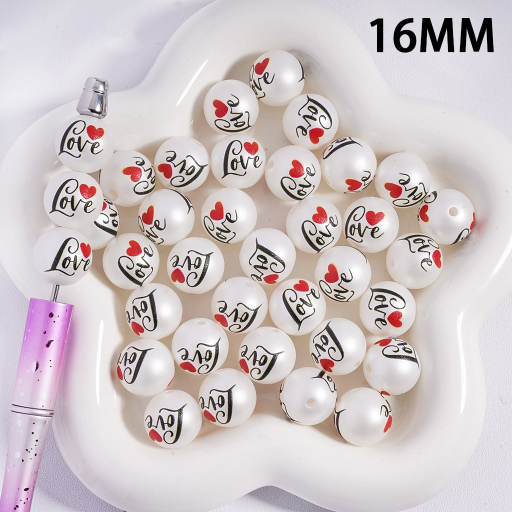 Acrylic Beads for Bracelets with Large Text "Love" and Red Heart Valentine's Day, 16MM