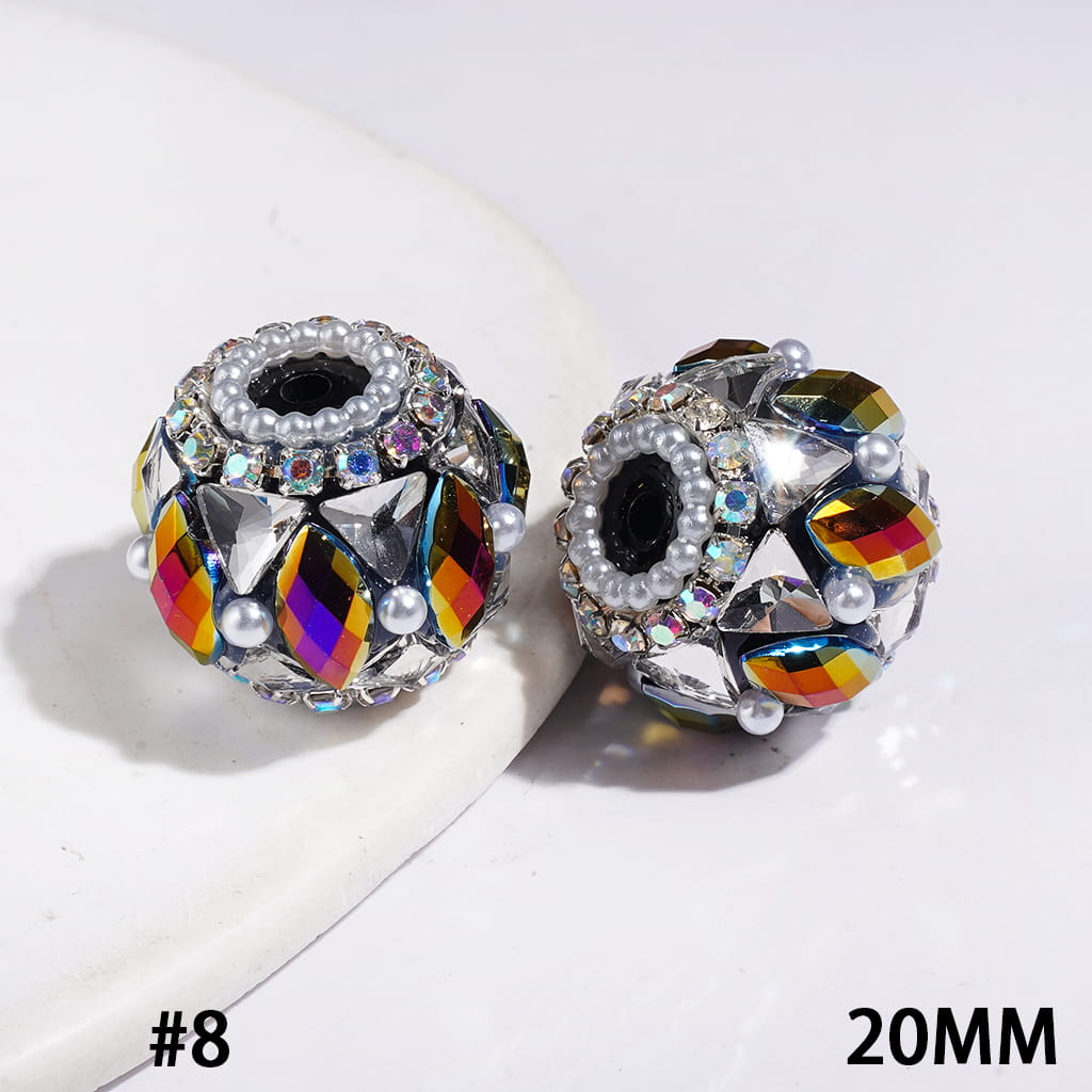 20MM Handmade Acrylic Beads with Shiny Triangle Shaped and Marquise Cut Crystal, White Pearls and AB Rhinestone Chains, Multi-Color