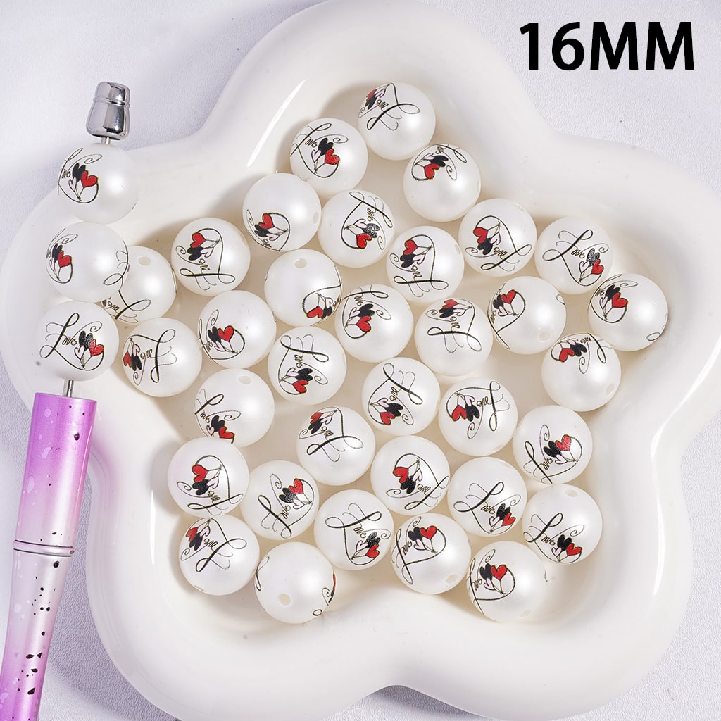 Acrylic Beads for Bracelets with Wordart Text "Love" and Three Heart-Shaped Balloon Valentine's Day, 16MM