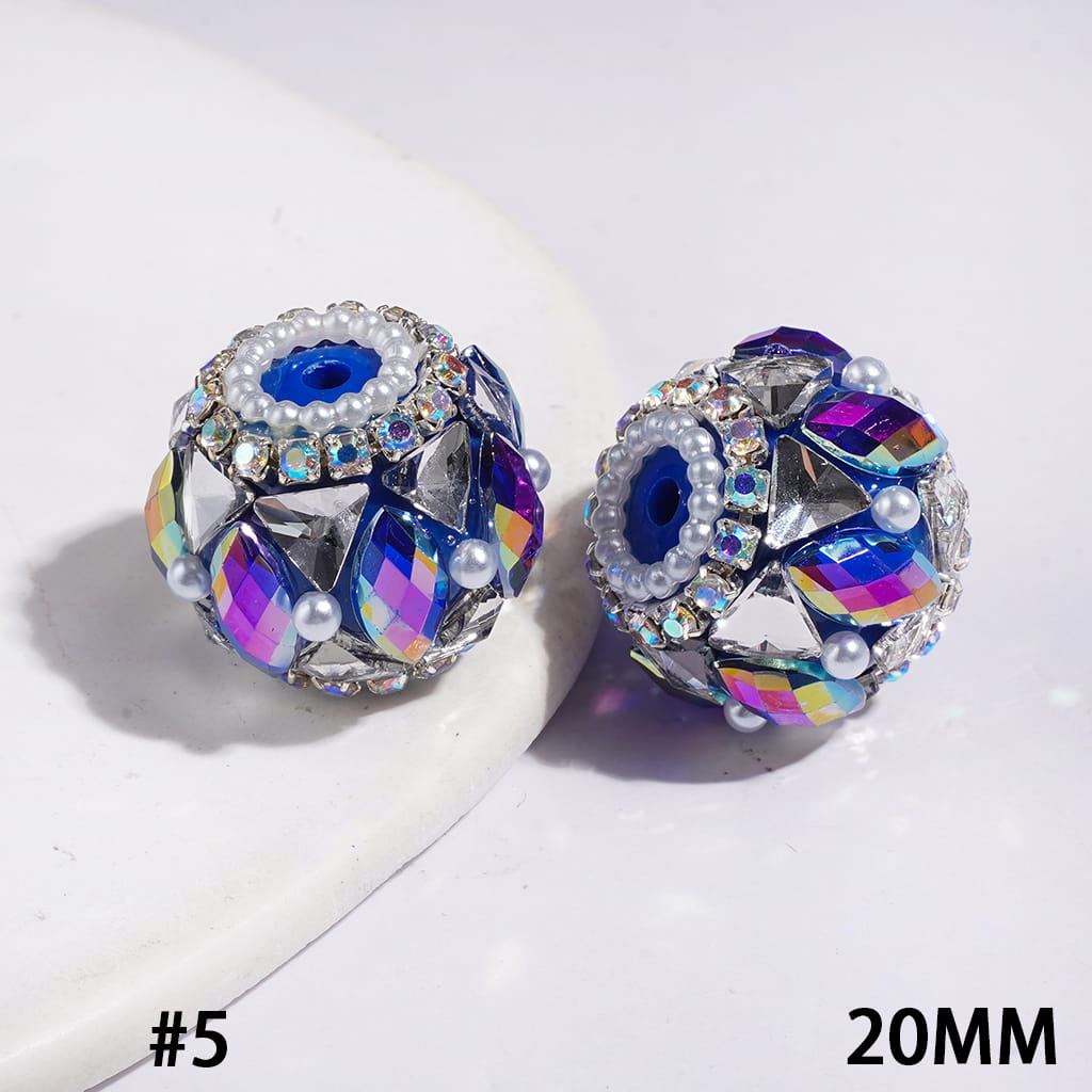 20MM Handmade Acrylic Beads with Shiny Triangle Shaped and Marquise Cut Crystal, White Pearls and AB Rhinestone Chains, Multi-Color