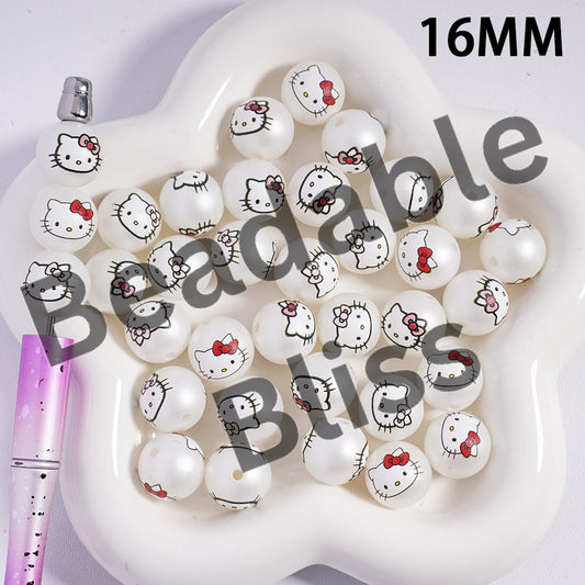 Acrylic Beads for Bracelets with Cute Cat Character Head with Various Colors Bowtie, 16MM, Random Mix