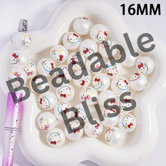 Acrylic Beads for Bracelets with Colorful Cute Cat Character Head with Bowtie, 16MM, Random Mix