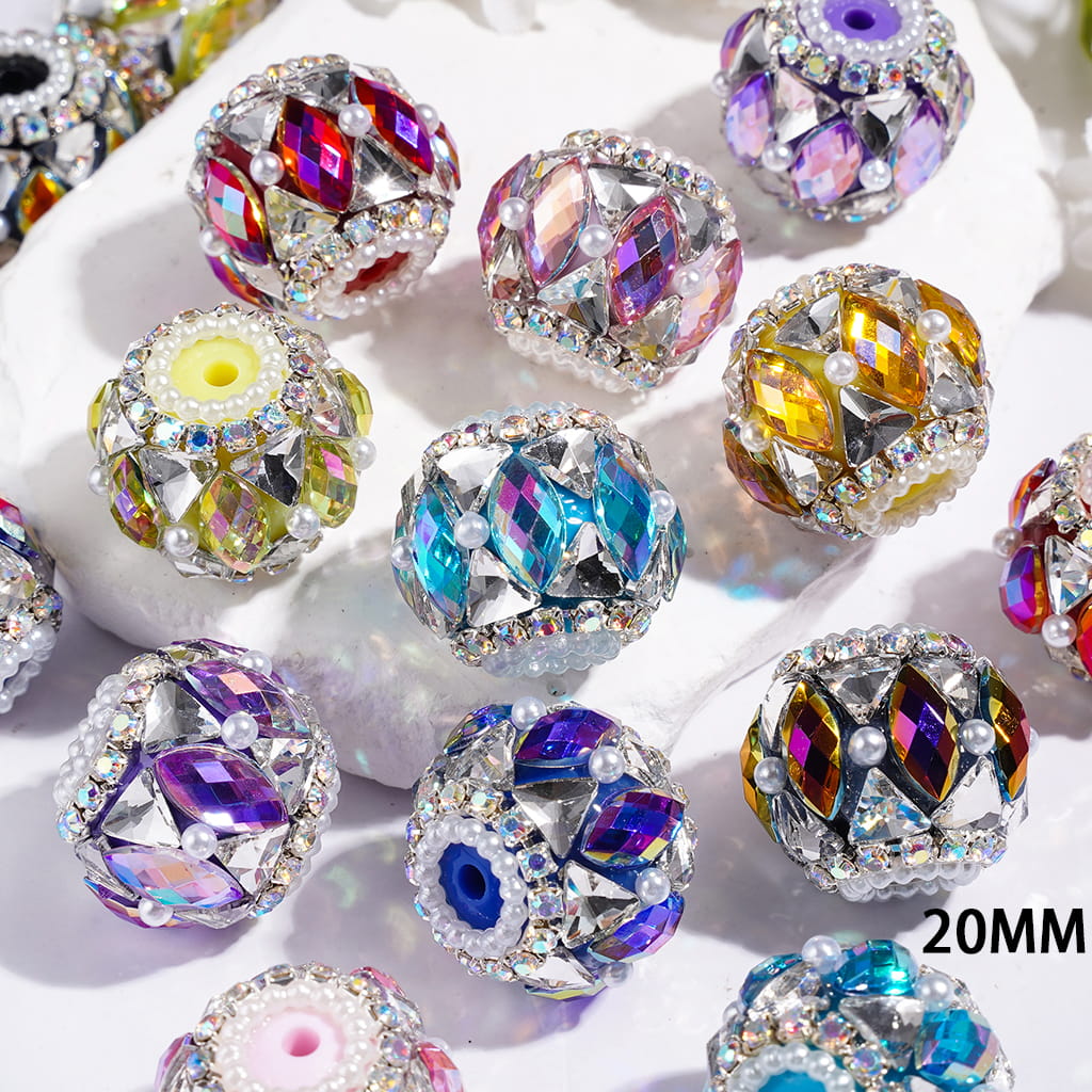 20MM Handmade Acrylic Beads with Shiny Triangle Shaped and Marquise Cut Crystal, White Pearls and AB Rhinestone Chains, Multi-Color