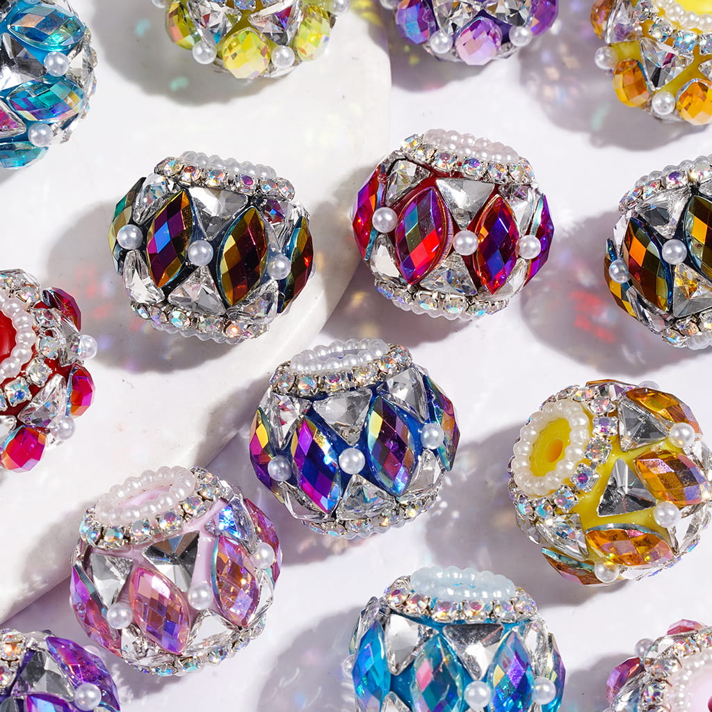 20MM Handmade Acrylic Beads with Shiny Triangle Shaped and Marquise Cut Crystal, White Pearls and AB Rhinestone Chains, Multi-Color