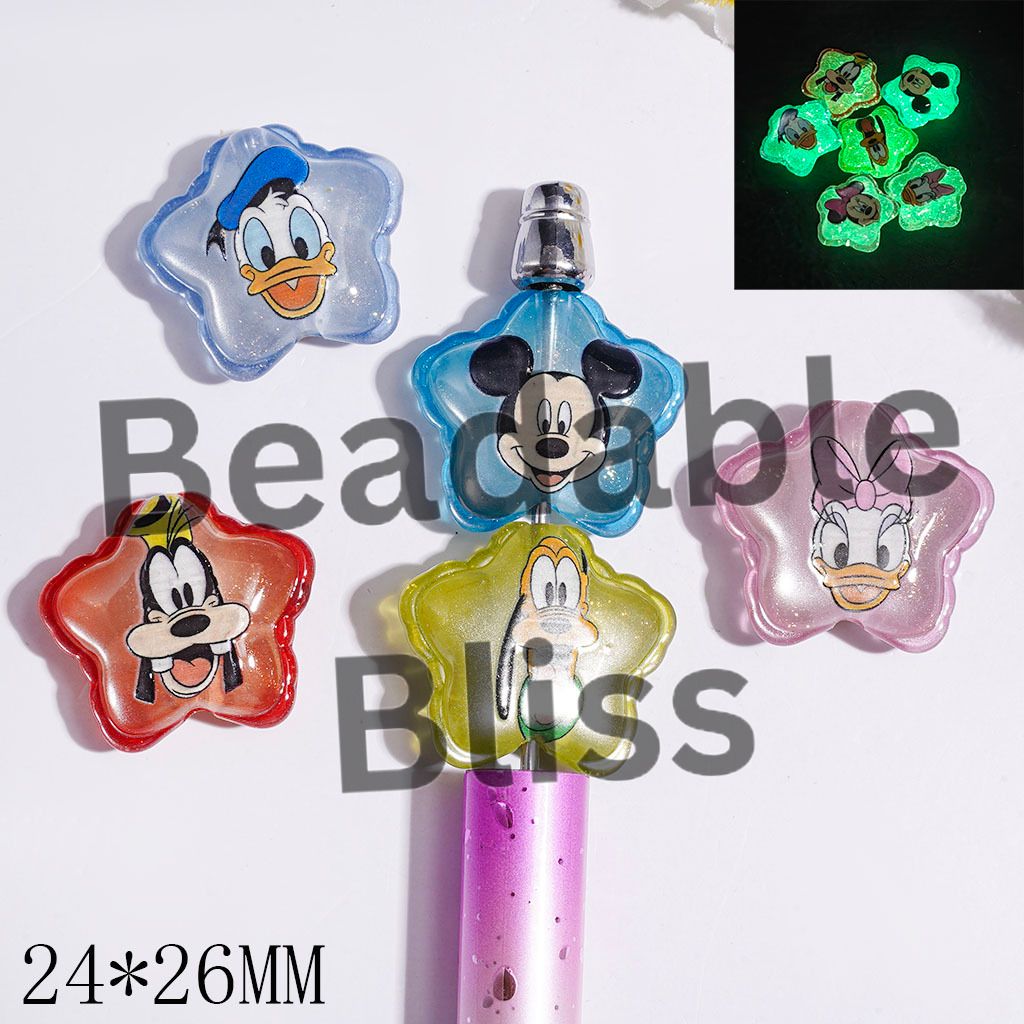 Luminous Acrylic Beads with Classic Animal Characters Girl and Boy Mouse Duck Dog and Glitter, Wavy Edged Star Shape, 24*26MM Multi-Color Random Mix