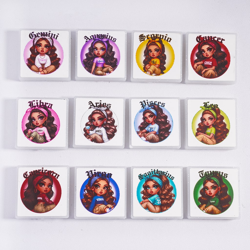 Stickers with illustrations of women representing different zodiac signs on a white background.