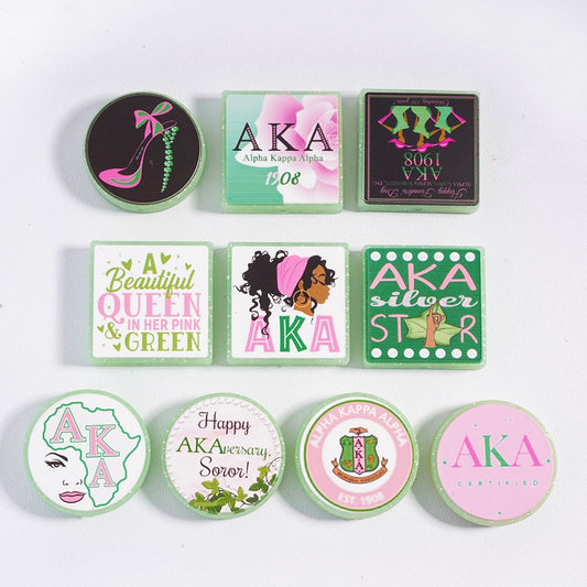 Silicone Focal Beads "Alpha Kappa Alpha" Theme, with Silver Glitter, Flat Round and Square Shapes, Random Mix