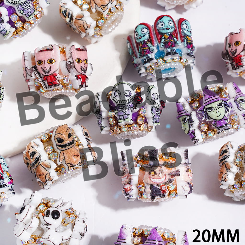 Hand-Made Acrylic Beads with Halloween Skull Skeleton Couple Character Series, AB Rhinestone Chains & White Pearl Loop, 20MM, Random Mix