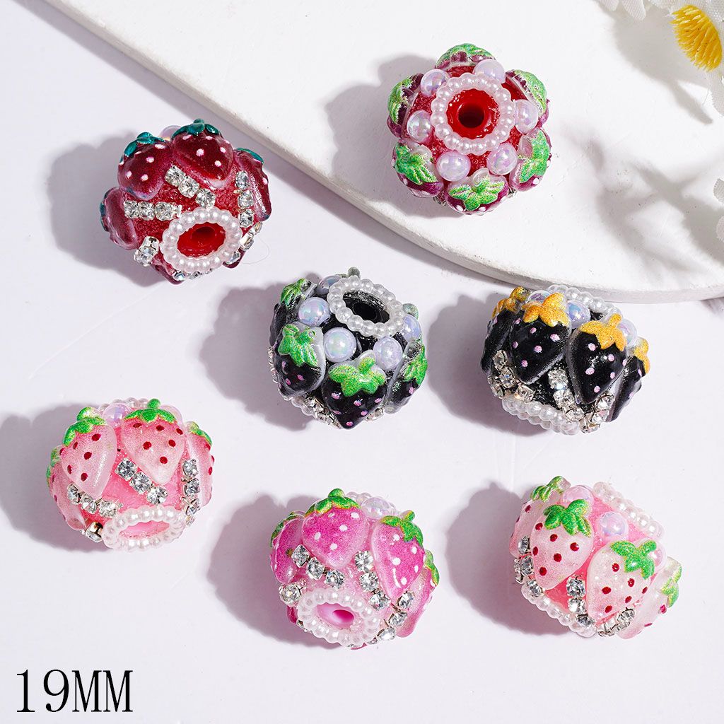 Handmade Acrylic Beads with Strawberry and UV-Coated Half-Shell Pearls, Short Clear Rhinestone & White Pearl Chains, 19MM Multi-Color Random Mix