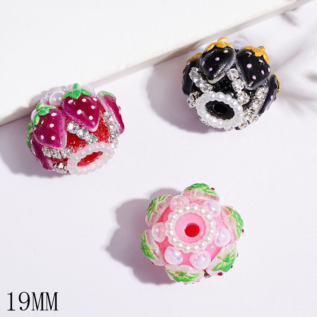Handmade Acrylic Beads with Strawberry and UV-Coated Half-Shell Pearls, Short Clear Rhinestone & White Pearl Chains, 19MM Multi-Color Random Mix