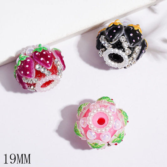 Handmade Acrylic Beads with Strawberry and UV-Coated Half-Shell Pearls, Short Clear Rhinestone & White Pearl Chains, 19MM Multi-Color Random Mix