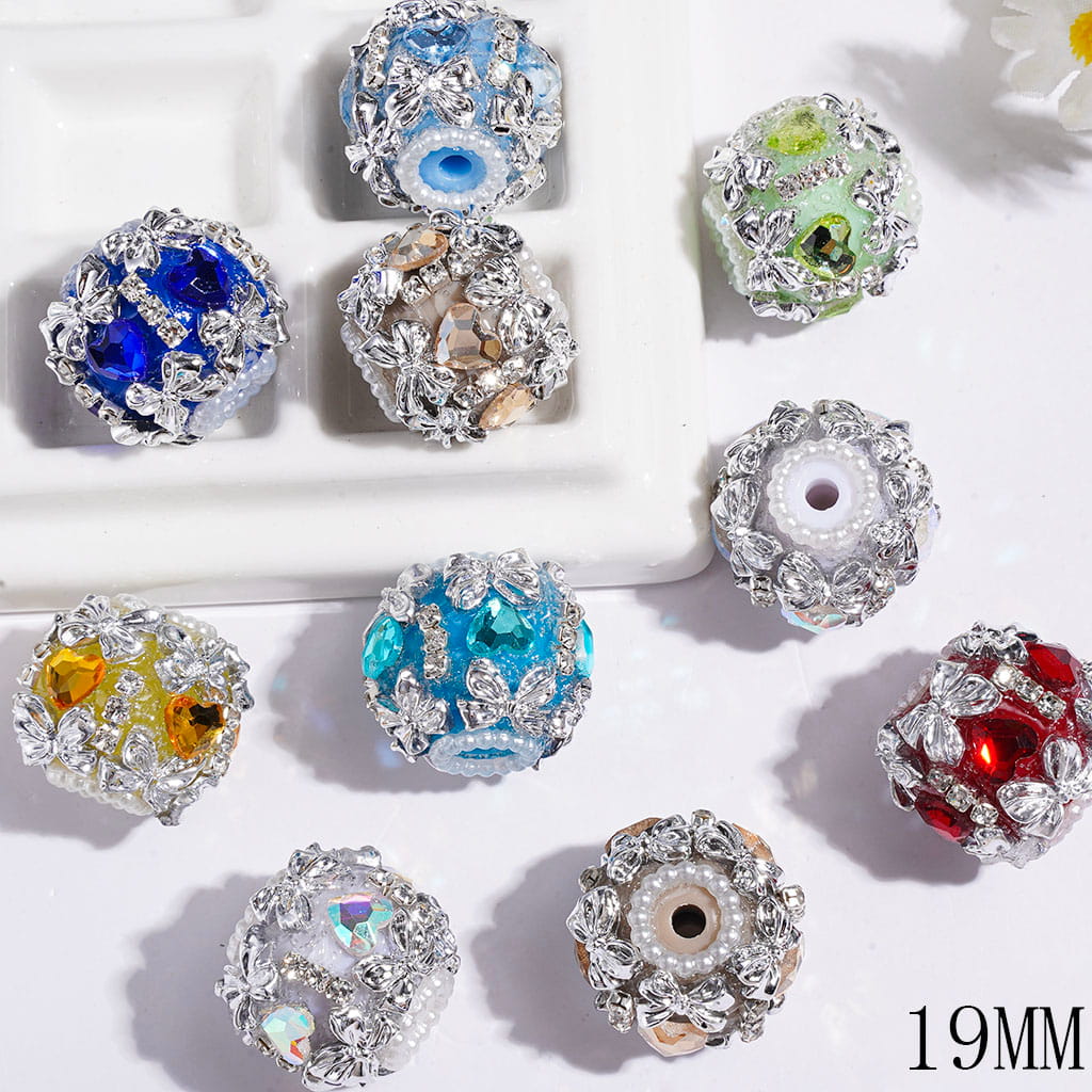 Handmade Acrylic Beads w Heart Shape Rhinestone & Silver Bowtie, Clear Rhinestones & White Pearl Chains, 19MM Random Mix Multi-Color