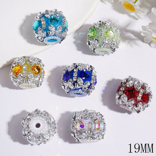 Handmade Acrylic Beads w Heart Shape Rhinestone & Silver Bowtie, Clear Rhinestones & White Pearl Chains, 19MM Random Mix Multi-Color