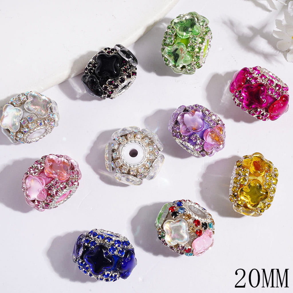 Handmade Acrylic Beads w Four-Petaled Flower Shaped & Rhinestone Chains, Silver Metal Circle, 20MM Random Mix Multi-Color