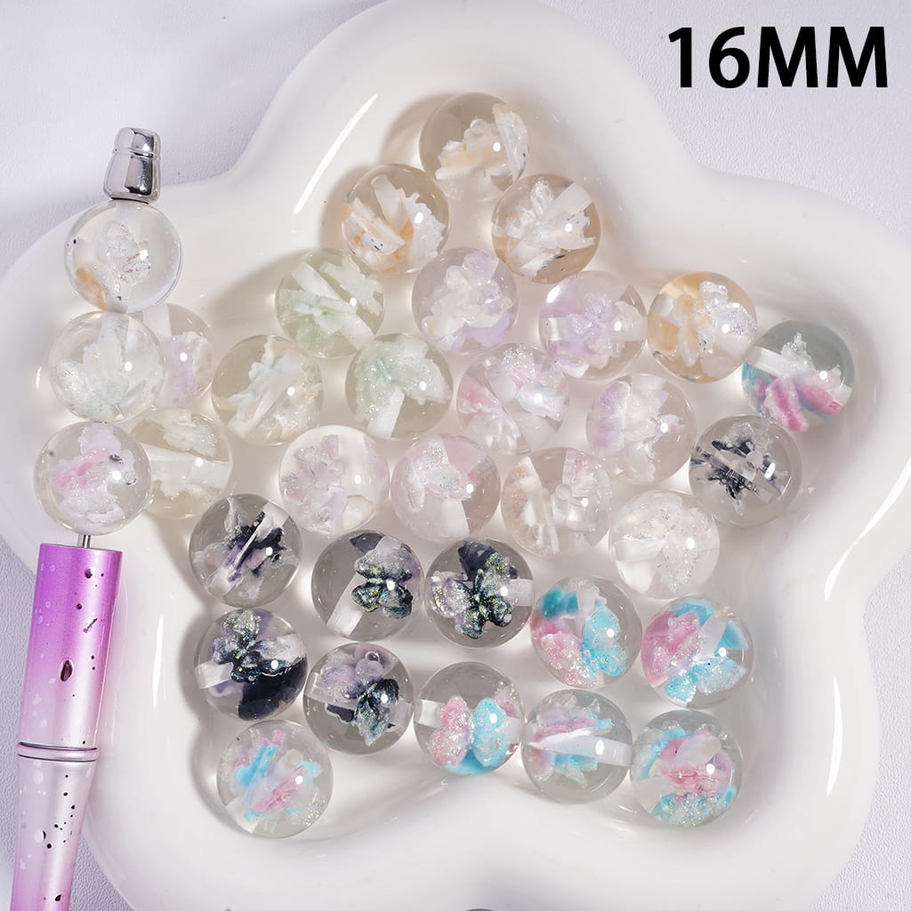 Acrylic Beads for Bracelets with Double Glittery Butterflies Embedded Inside Bead, 16MM, Multi-Color