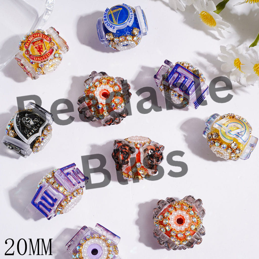 Handmade Acrylic Beads with Various Football Team Emblem, White Pearl and AB Rhinestone Chains, 20MM Random Mix