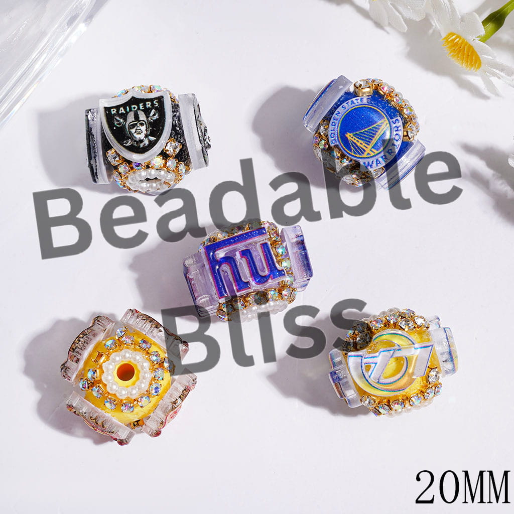 Handmade Acrylic Beads with Various Football Team Emblem, White Pearl and AB Rhinestone Chains, 20MM Random Mix