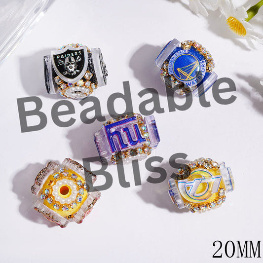 Handmade Acrylic Beads with Various Football Team Emblem, White Pearl and AB Rhinestone Chains, 20MM Random Mix