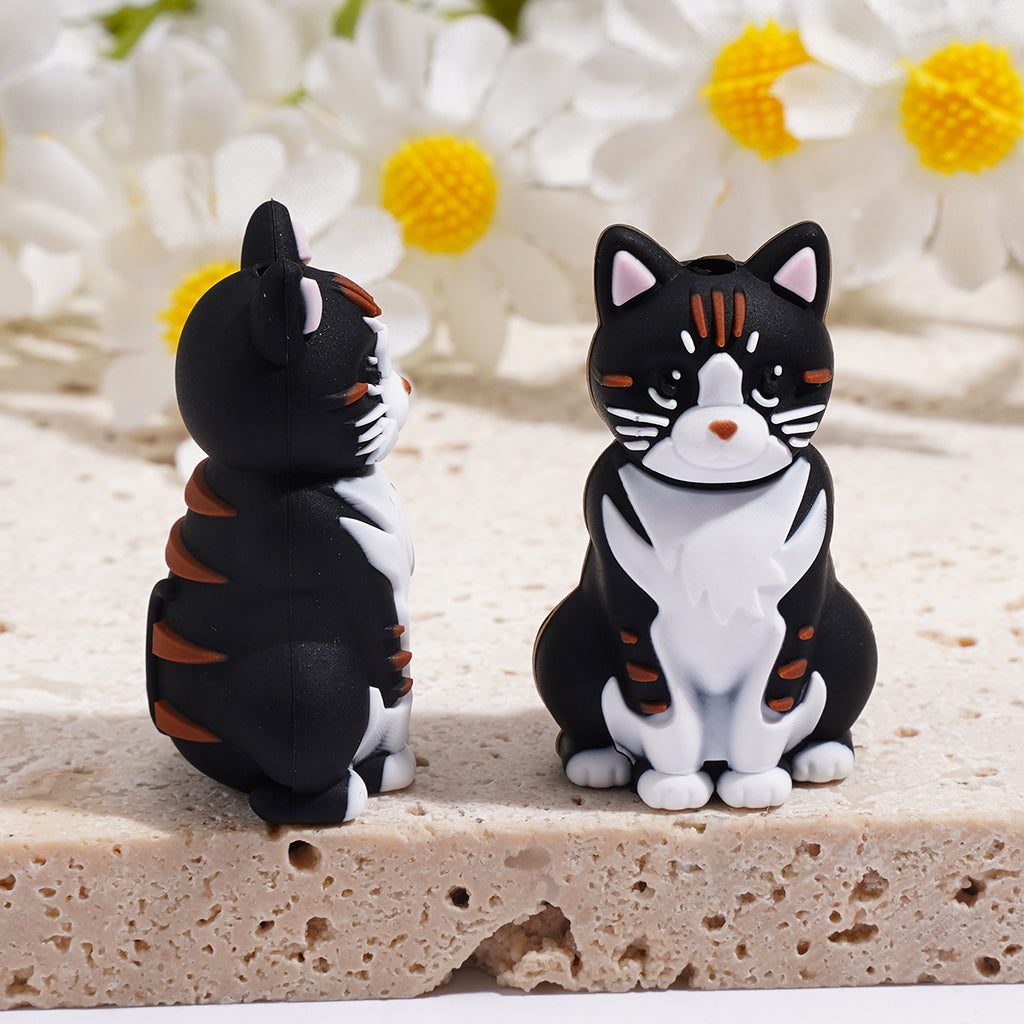 Silicone Focal Beads with 3D Kitten in Sitting Position, Animal Theme, Multi-Color