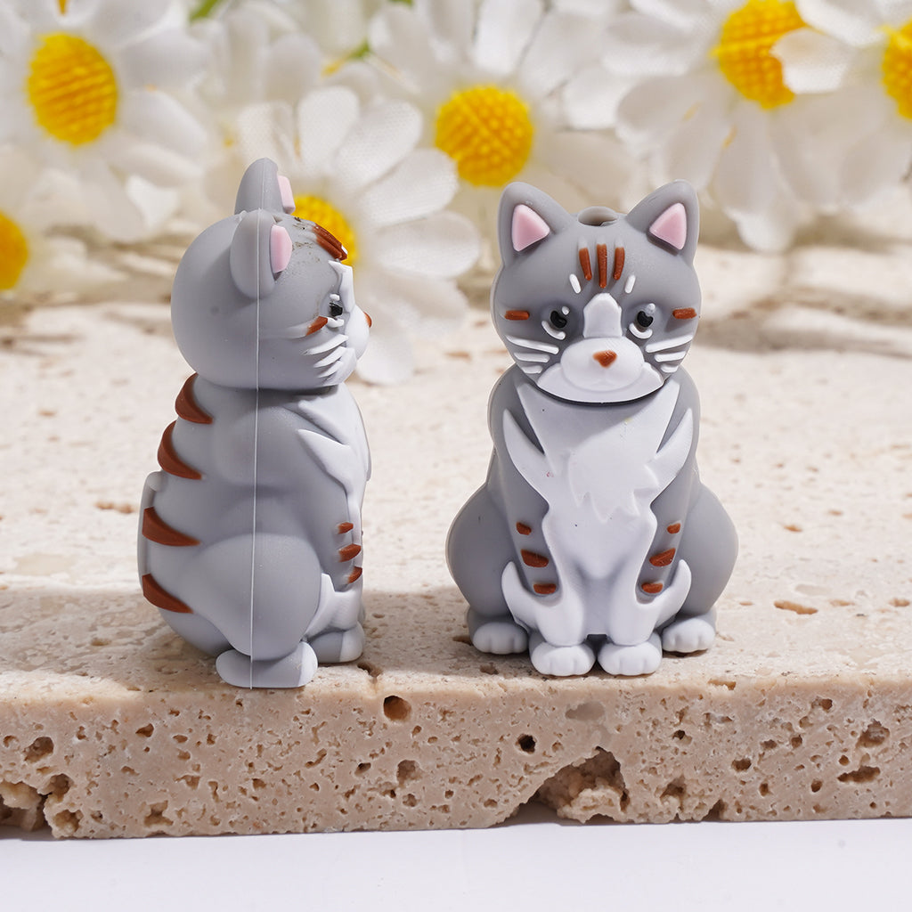 Silicone Focal Beads with 3D Kitten in Sitting Position, Animal Theme, Multi-Color