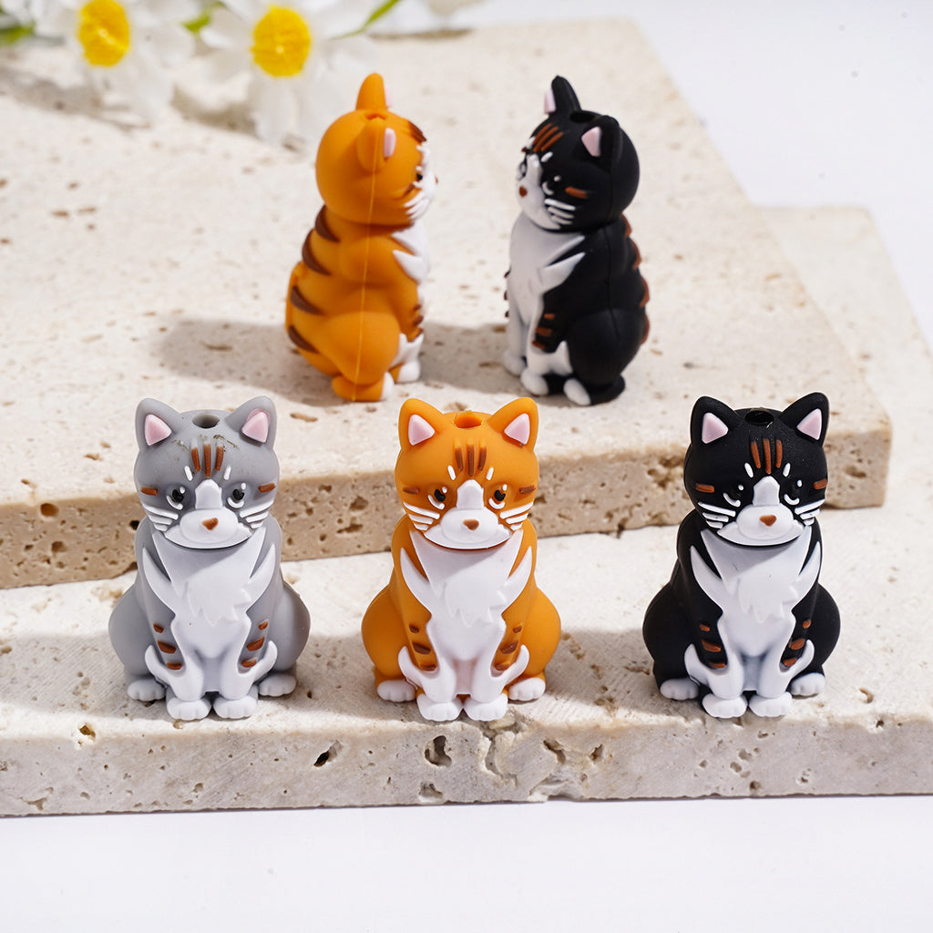 Silicone Focal Beads with 3D Kitten in Sitting Position, Animal Theme, Multi-Color
