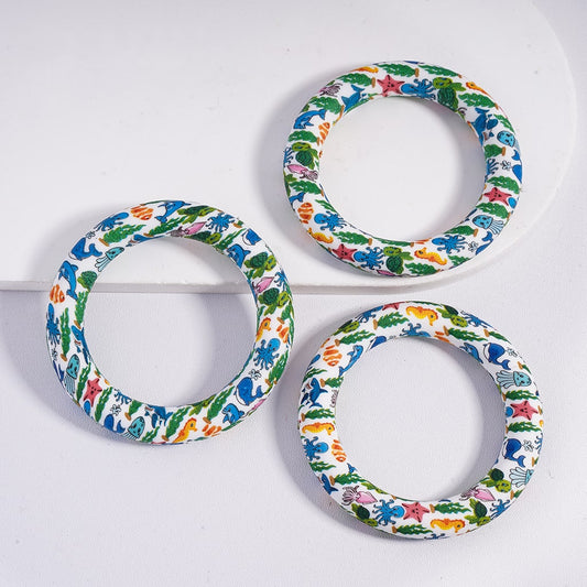 Silicone Focal Beads Soft Round Ring with Marine Organism Series Prints, 65MM