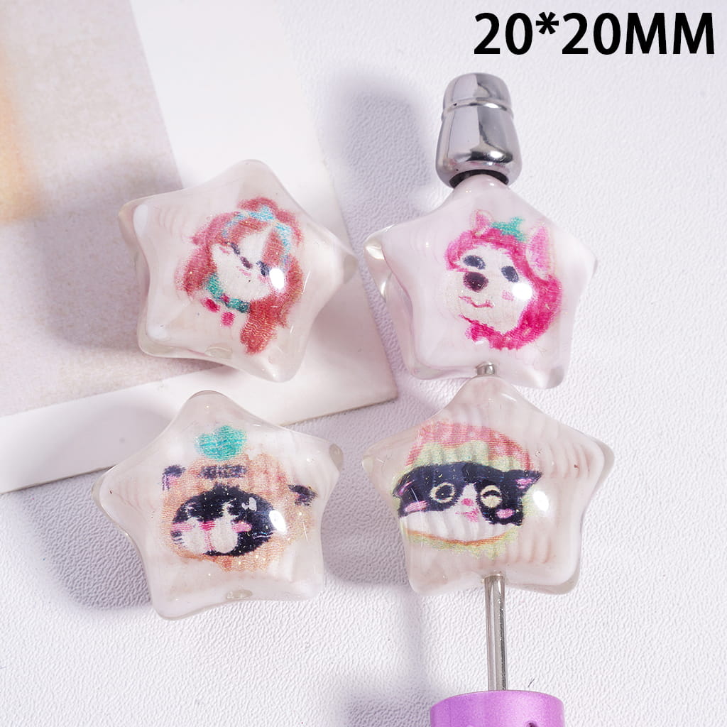 Acrylic Beads Five-Pointed Star with Glitter and Dog Series, 20*20MM, Semi-Clear, Random Mix