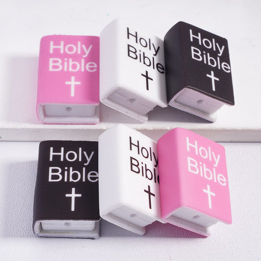 Silicone Focal Beads 3D Mini Book with Text "Holy Bible" and Cross, Multi-Color, Random Mix