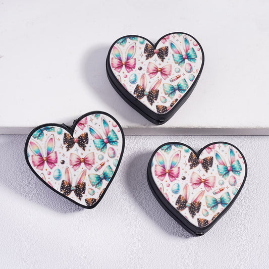 Silicone Focal Beads with Rabbit Ears Bowtie and Eggs Easter Theme, Heart Shape