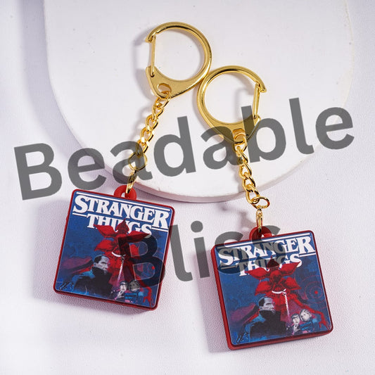 Metal Keychain with Lobster Clasp with Charm Pendant Classic Horror Series, Flat Square Shape